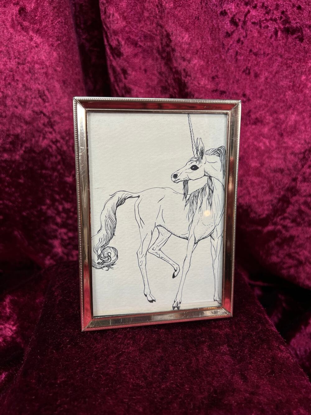 Vintage Gold Tone Picture Frame - Unicorn Line Art Fantasy Illustration - 5.5"